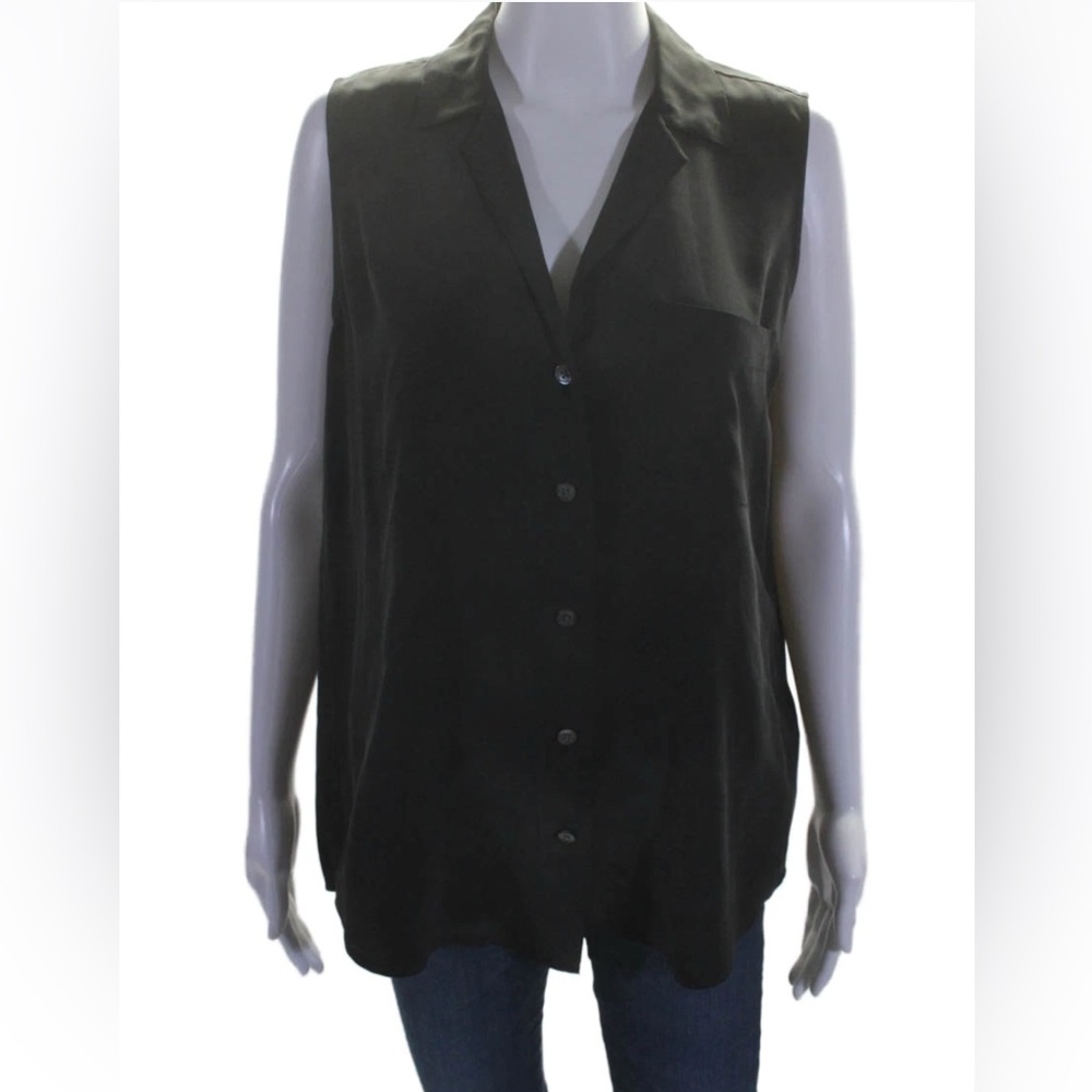 Equipment Black Sleeveless Notched Collar Silk Button Down Top Sz M